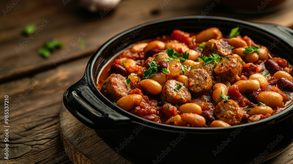 A delicious sausage and beans casserole is simmering in rich tomato sauce, garnished with fresh herbs, presented in a black bowl on a rustic wooden table A delicious sausage and beans casserole is simmering in rich tomato sauce, garnished with fresh herbs, presented in a black bowl on a rustic wooden table