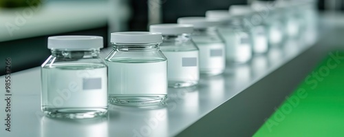 A laboratory filled with containers of water from various ecosystems, each labeled with the concentration of microplastics, representing comparative environmental research photo