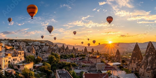 The surreal landscape of Cappadocia, Turkey, with fairy chimneys and hot air balloons dotting the sky at sunrise photo