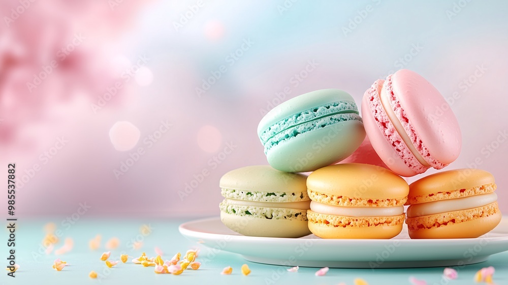 Colorful Macarons on a Plate Against a Pastel Background Colorful Macarons on a Plate Against a Pastel Background
