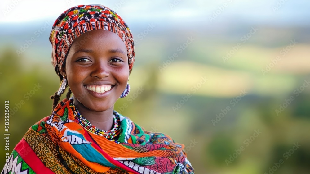 A young girl from Kenya beams with joy, dressed in vibrant traditional attire and a headscarf while enjoying the outdoors. Her smile reflects cultural pride A young girl from Kenya beams with joy, dressed in vibrant traditional attire and a headscarf while enjoying the outdoors. Her smile reflects cultural pride