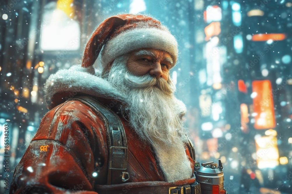Fototapeta premium Cyberpunk style portrait of Santa Claus. 3D Rendering with generative ai