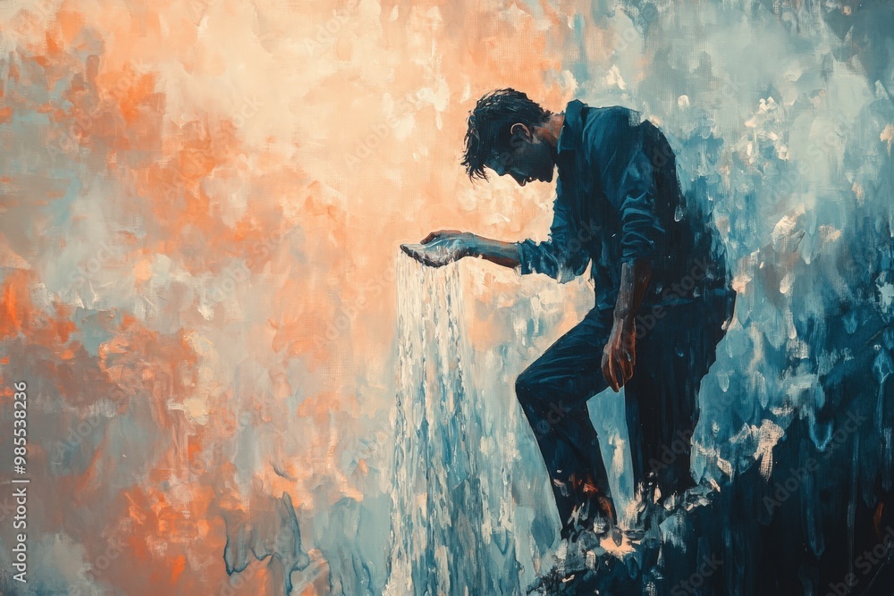 Obraz premium A painting of a man droping water on the top