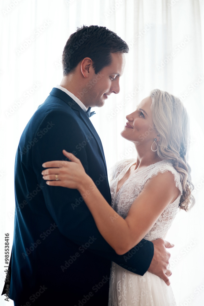 Couple, happy and hug at wedding for love, trust and commitment in relationship. Woman, man and embrace at venue for support, celebration and together for first dance with affection at reception Couple, happy and hug at wedding for love, trust and commitment in relationship. Woman, man and embrace at venue for support, celebration and together for first dance with affection at reception