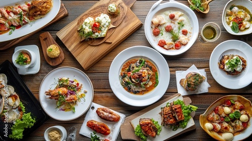 Various dishes spread out on a wooden table, isolated with white highlights, ideal for food photography and culinary presentation.