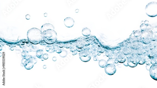 Bubbles rise and float in a visually appealing arrangement, showcasing their clarity and transparency on a smooth white backdrop, creating a serene and refreshing aesthetic