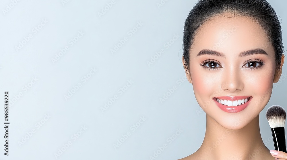 Bright Smiling Woman Holding Makeup Brush on Light Background Bright Smiling Woman Holding Makeup Brush on Light Background