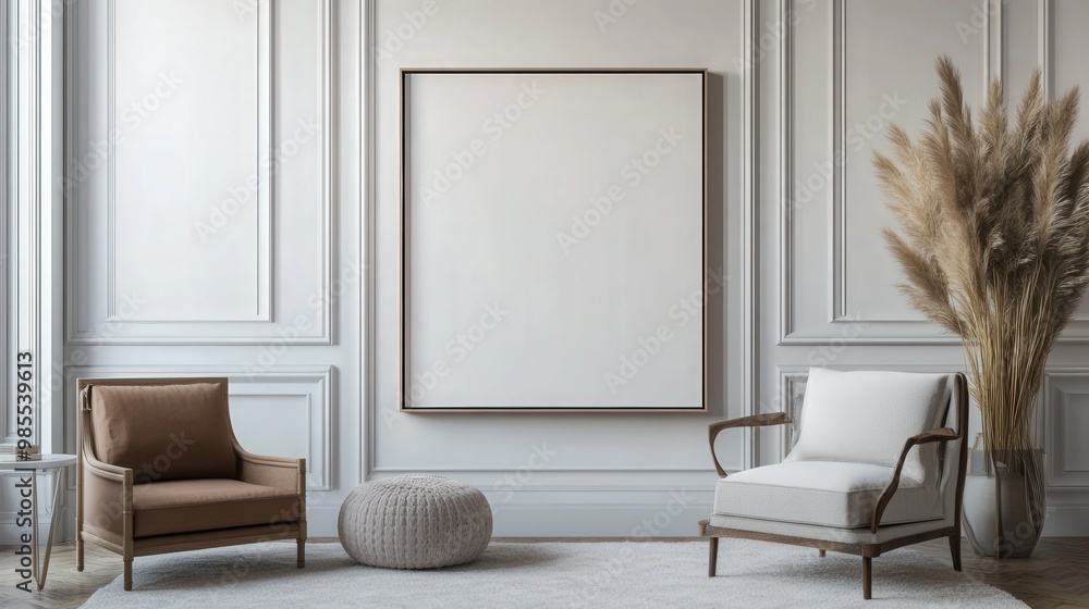 3D rendering of a modern, inviting living room with decorative furniture and an empty canvas frame against a white textured wall, showcasing a contemporary and adaptable space 3D rendering of a modern, inviting living room with decorative furniture and an empty canvas frame against a white textured wall, showcasing a contemporary and adaptable space