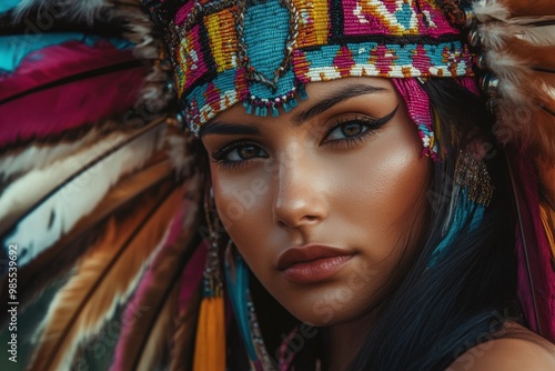 A woman with a colorful headdress and a headdress is looking at the camera