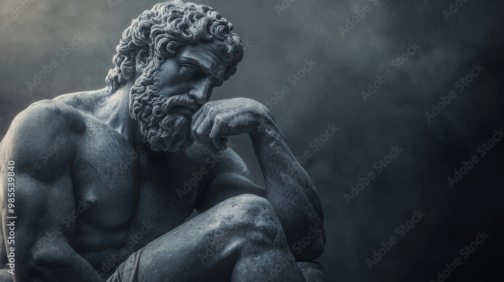 This gray stone statue of a Greek god captures a moment of deep thought, showcasing intricate details and a tranquil atmosphere that invites reflection This gray stone statue of a Greek god captures a moment of deep thought, showcasing intricate details and a tranquil atmosphere that invites reflection