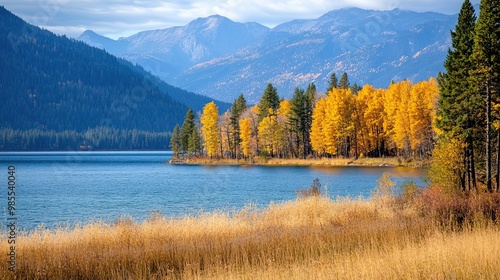 Vibrant autumn colors of Flathead National Park, with golden leaves and rich orange hues, captured in a scenic landscape that celebrates the beauty of fall. photo