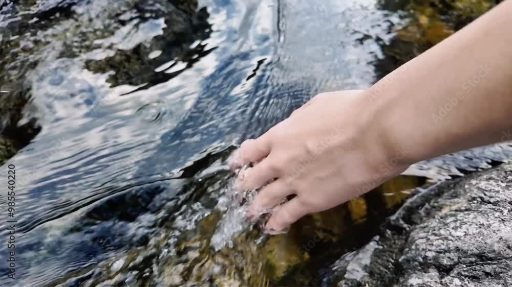 A hand gently dips into a flowing stream, captured in slow motion. The water ripples around the hand, creating a mesmerizing effect as the flow of the stream interacts with the subtle movements.
A hand gently dips into a flowing stream, captured in slow motion. The water ripples around the hand, creating a mesmerizing effect as the flow of the stream interacts with the subtle movements.