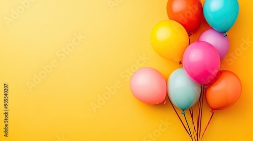 Vibrant bunch of bright balloons with ample space for text, set against a colorful background, ideal for birthday invitations and festive announcements. photo