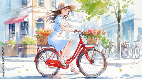 Anime girl riding a red bicycle with flower baskets through a sunny city street, enjoying a pleasant day