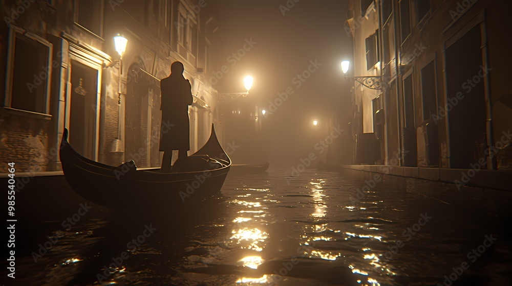 Mysterious figure in dark waters, illuminated by soft streetlights at night. Mysterious figure in dark waters, illuminated by soft streetlights at night.