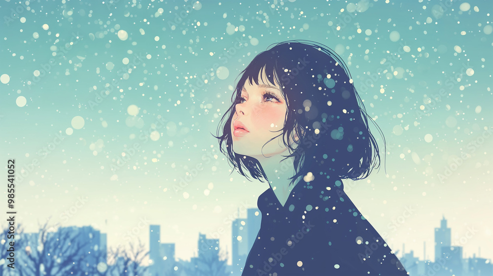 雪の降る街で空を見上げる女性 雪の降る街で空を見上げる女性