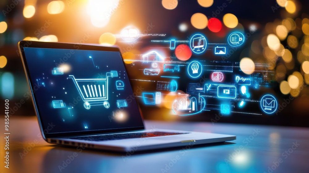 Fototapeta premium A Black Friday background with digital-themed icons, like a laptop, smartphone, and tablet, overlaid with flashing sale signs and tech-based imagery.