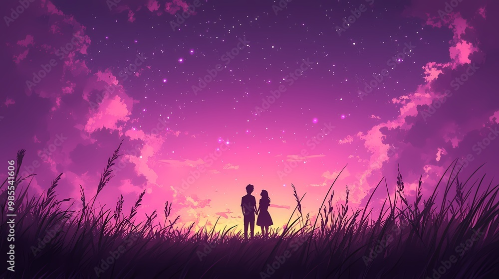 Silhouette of a couple against a starry purple sunset. Silhouette of a couple against a starry purple sunset.