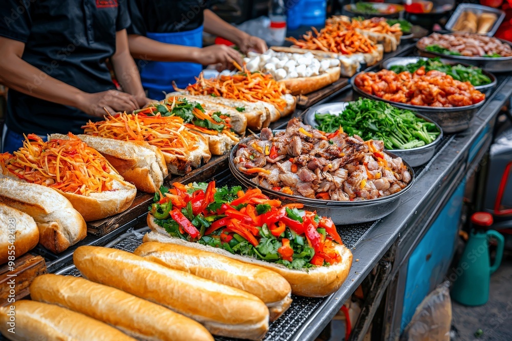 Obraz premium Vietnamese banh mi stalls lining a street in Hanoi, with freshly baked baguettes filled with vibrant pickled vegetables and grilled pork