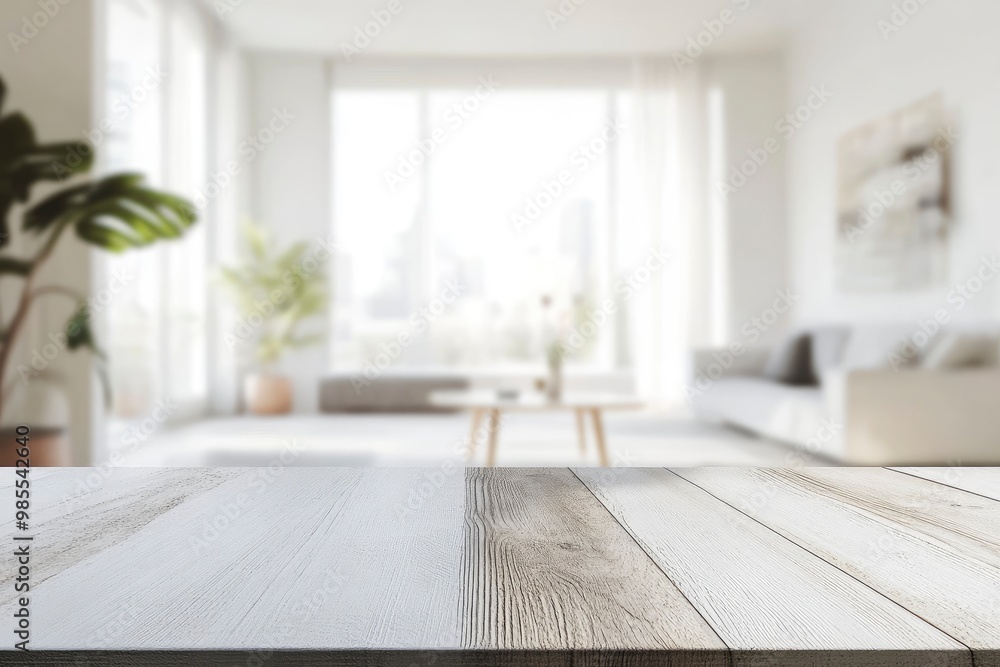 Copy space on a table with a blurred modern spacious white living room in the background. with generateive ai Copy space on a table with a blurred modern spacious white living room in the background. with generateive ai