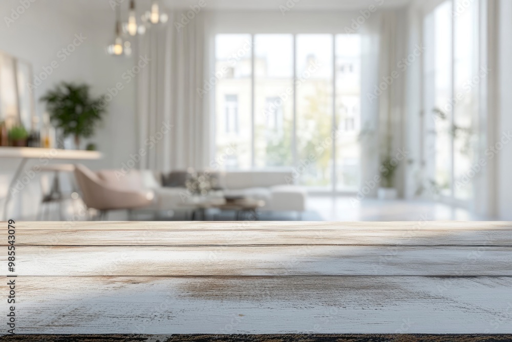 Copy space on a table with a blurred modern spacious white living room in the background. with generateive ai Copy space on a table with a blurred modern spacious white living room in the background. with generateive ai