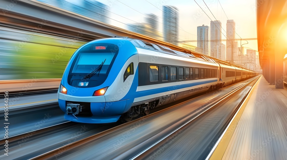 A modern train speeds through a vibrant cityscape at sunrise, showcasing the fusion of technology and urban life. A modern train speeds through a vibrant cityscape at sunrise, showcasing the fusion of technology and urban life.
