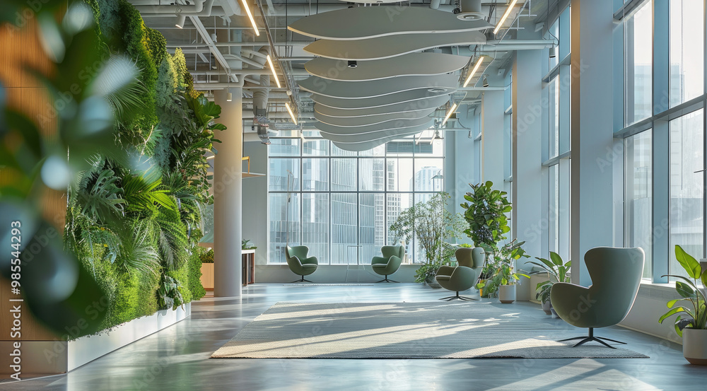 Open office with natural light and green accent. Generative AI. Open office with natural light and green accent. Generative AI.