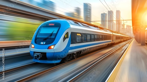 A modern train speeds through a vibrant cityscape at sunrise, showcasing the fusion of technology and urban life.