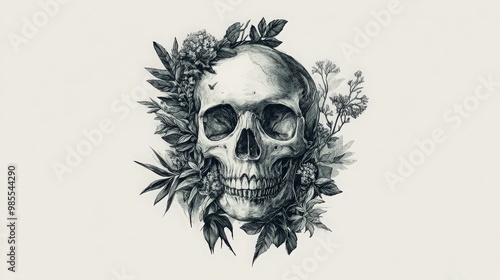 Wallpaper Mural A drawing of a skull with a bunch of plants on it Torontodigital.ca