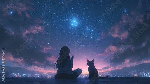 A girl and her cat gazing at a starry night sky.