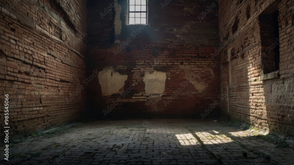 Obraz premium Sunbeams in the Ruins: A solitary ray of light pierces through a broken window in an abandoned, brick-walled room, illuminating the weathered floor and casting long shadows on the crumbling walls. The