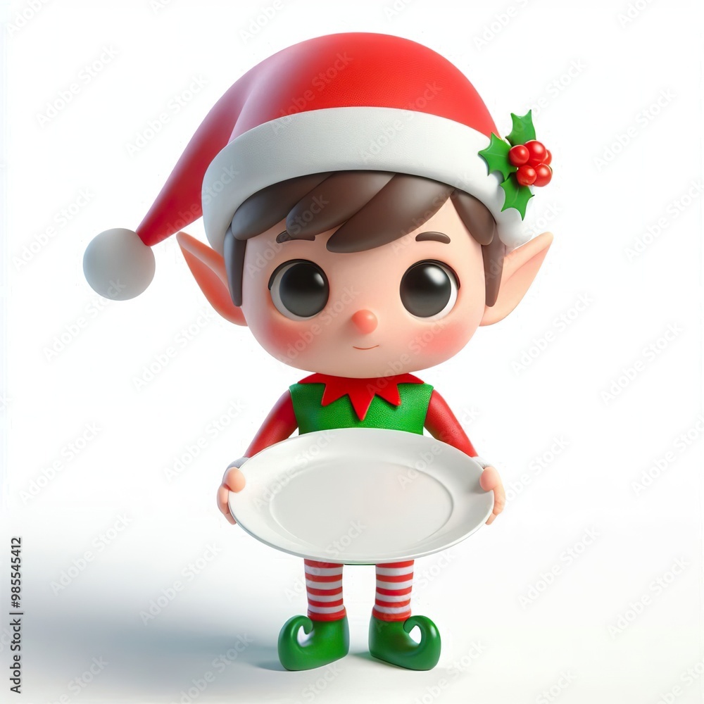 3D Big eyed cartoon christmas elf holding front facing empty plate 3D Big eyed cartoon christmas elf holding front facing empty plate