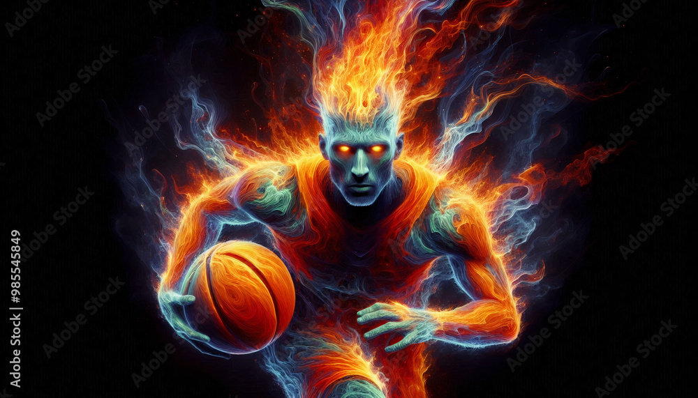 Basketball player engulfed in fiery flames with intense expression, depicting power and passion Basketball player engulfed in fiery flames with intense expression, depicting power and passion