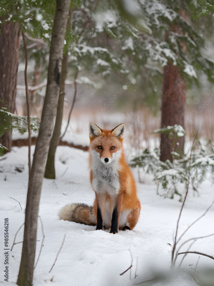 Red Fox Sitting in a Snow-Covered Forest Red Fox Sitting in a Snow-Covered Forest