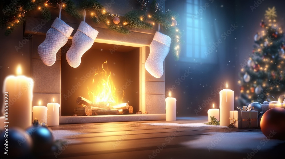 A holiday background with a fireplace adorned with stockings, garlands, and glowing candles, evoking a warm, traditional Christmas setting. A holiday background with a fireplace adorned with stockings, garlands, and glowing candles, evoking a warm, traditional Christmas setting.