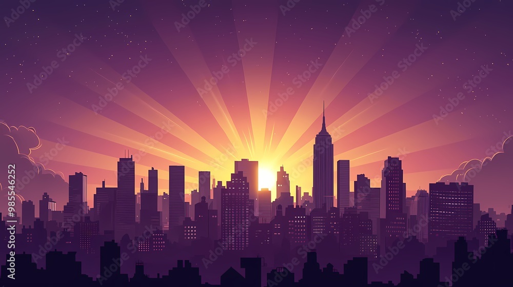 Fototapeta premium Vibrant sunrise over a city skyline with rays illuminating skyscrapers and clouds.