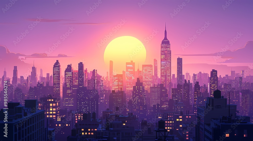 Fototapeta premium A vibrant sunset over a bustling city skyline with towering buildings and warm hues.