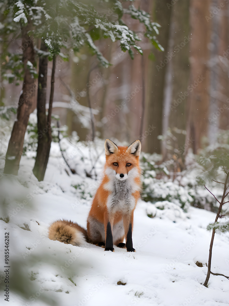Red Fox Sitting in a Snow-Covered Forest Red Fox Sitting in a Snow-Covered Forest