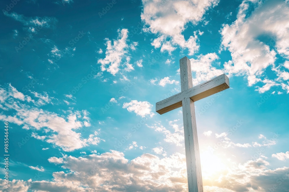 Cross of Jesus Christ in the sky with clouds. Christian easter. Conceptual religious symbol. with generative ai