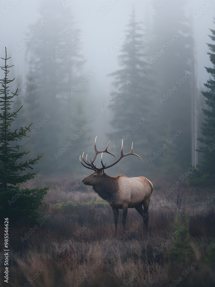 Majestic Elk Standing in a Foggy Forest Clearing Majestic Elk Standing in a Foggy Forest Clearing