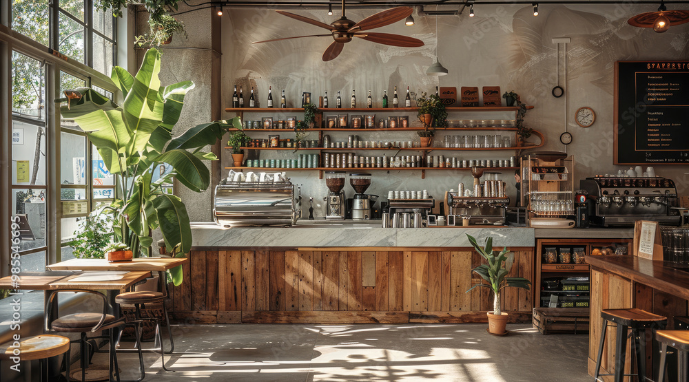 A cafe interior with a wooden marble top counter ceiling fan, big leaf indoor tree. Generative AI. A cafe interior with a wooden marble top counter ceiling fan, big leaf indoor tree. Generative AI.