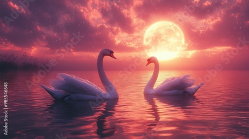 Fototapeta Naklejka Na Ścianę i Meble -  Swans at Sunset with a Full Moon
