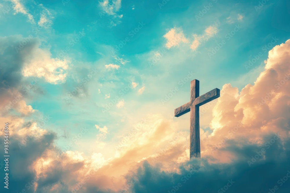 Cross of Jesus Christ in the sky with clouds. Christian easter. Conceptual religious symbol. with generative ai Cross of Jesus Christ in the sky with clouds. Christian easter. Conceptual religious symbol. with generative ai