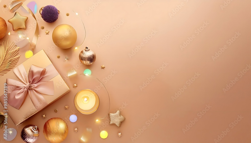 Fototapeta premium 3D render of HAPPY New Year banner template. Flat lay composition with ornaments, wrapped gift, gold background.