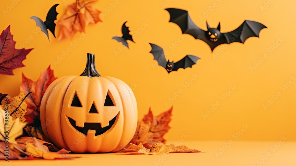 Whimsical Halloween scene with a smiling pumpkin and playful bats set against a vibrant orange background, perfect for themed decorations and festive cheer. Whimsical Halloween scene with a smiling pumpkin and playful bats set against a vibrant orange background, perfect for themed decorations and festive cheer.