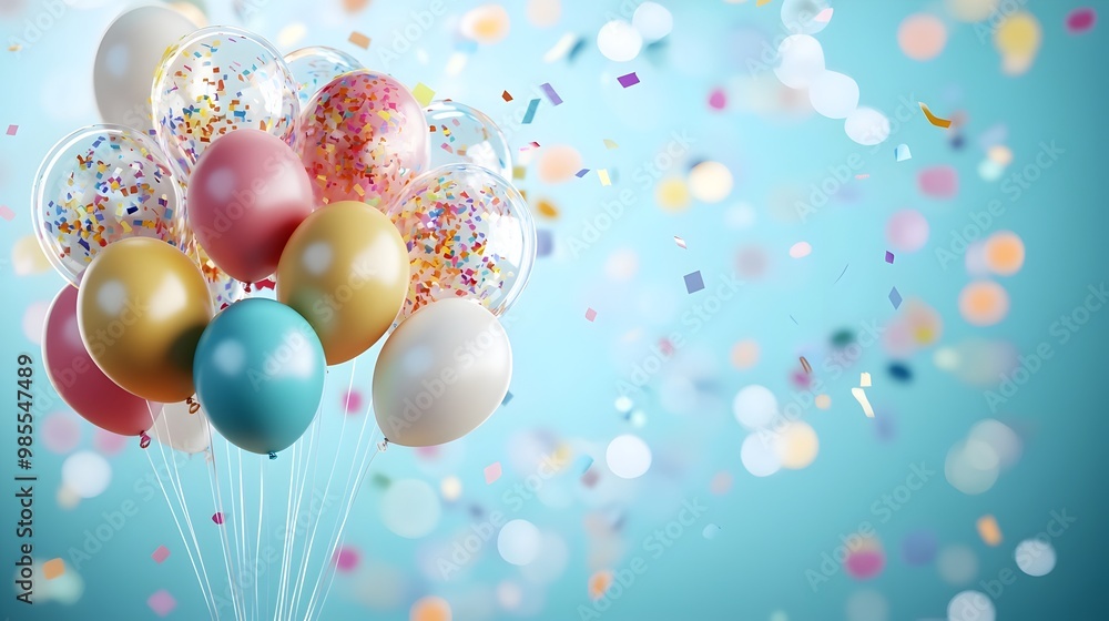 Transparent Ballons Filled with Confetti Floating in Colorful Backdrop Transparent Ballons Filled with Confetti Floating in Colorful Backdrop