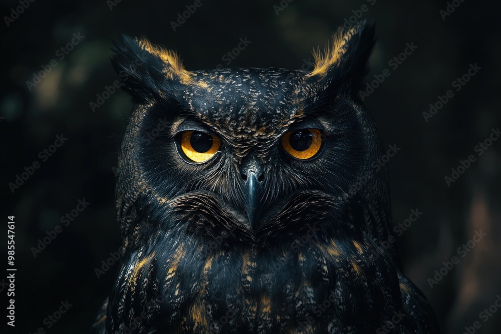 On a black background a portrait of a black owl with golden feathers On a black background a portrait of a black owl with golden feathers