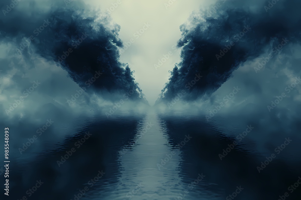 Mysterious dark clouds reflect over a tranquil water surface. Mysterious dark clouds reflect over a tranquil water surface.
