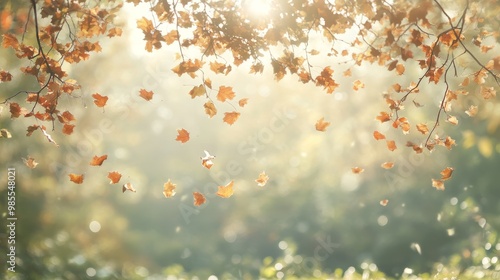 Golden maple leaves gracefully float down against a tranquil backdrop, capturing the essence of autumn in midfall while soft sunlight filters through the branches photo