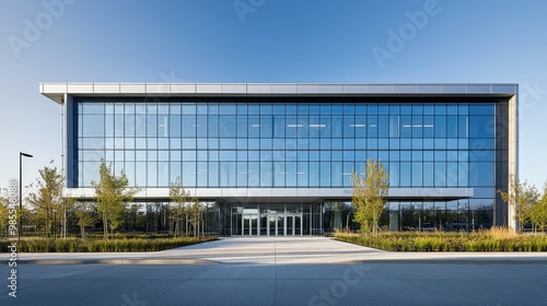 Wallpaper Mural This contemporary office building showcases large glass facades and is framed by landscaped greenery, representing modern architectural design. The clear blue sky enhances its sleek appearance Torontodigital.ca